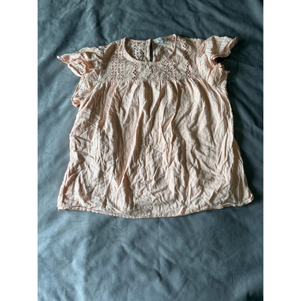 Ella Moss Peach Flutter Sleeve Crochet Lace Yoke Boho Blouse Top Medium